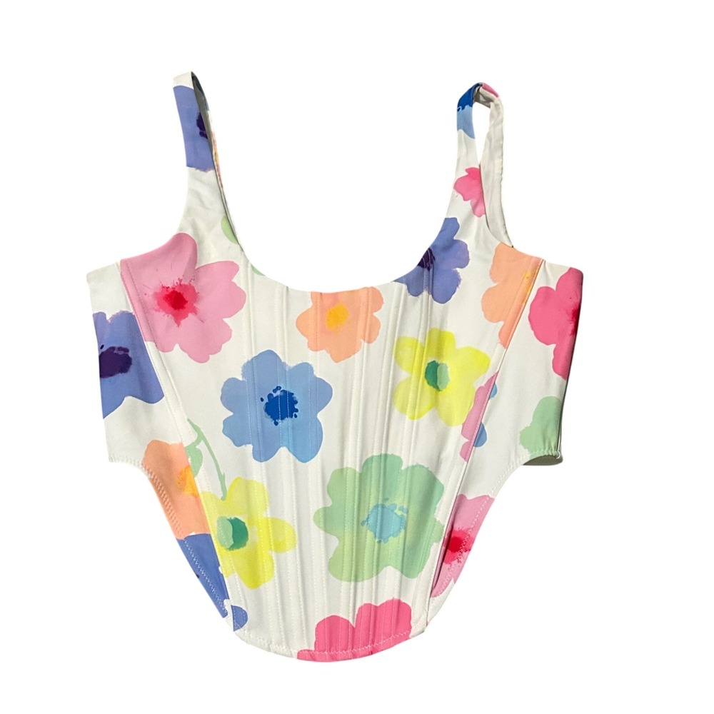White Fox Boutique White Floral Crop Top with Multi-Color Flowers